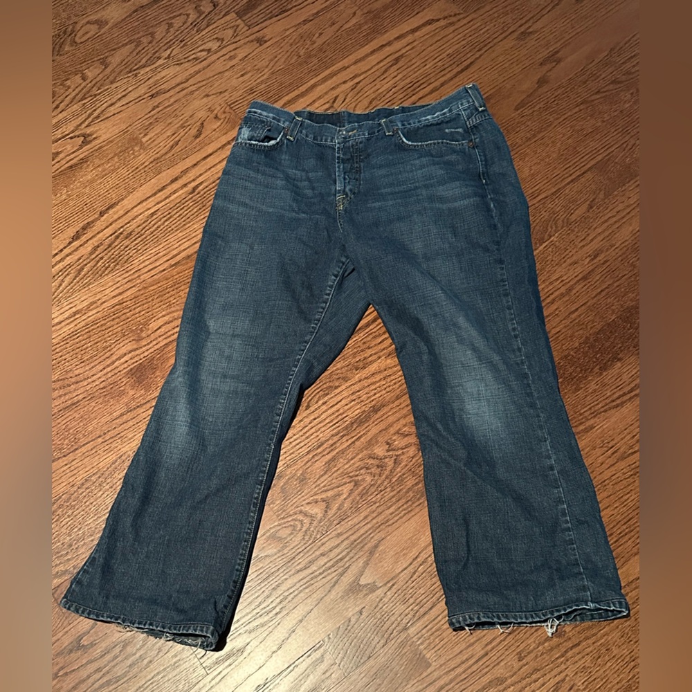 Lucky Brand Medium Blue Wash Easy Rider Jeans have been shortened & buttons up